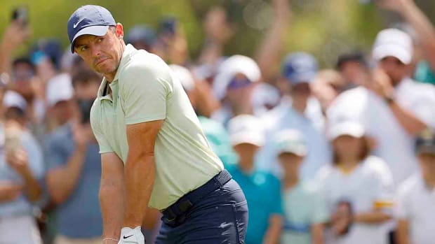 Rory McIlroy prepares for a shot on the 9th tee during the final round of the 2024 Players Championship at TPC Sawgrass  in Ponte Vedra Beach, Fla.